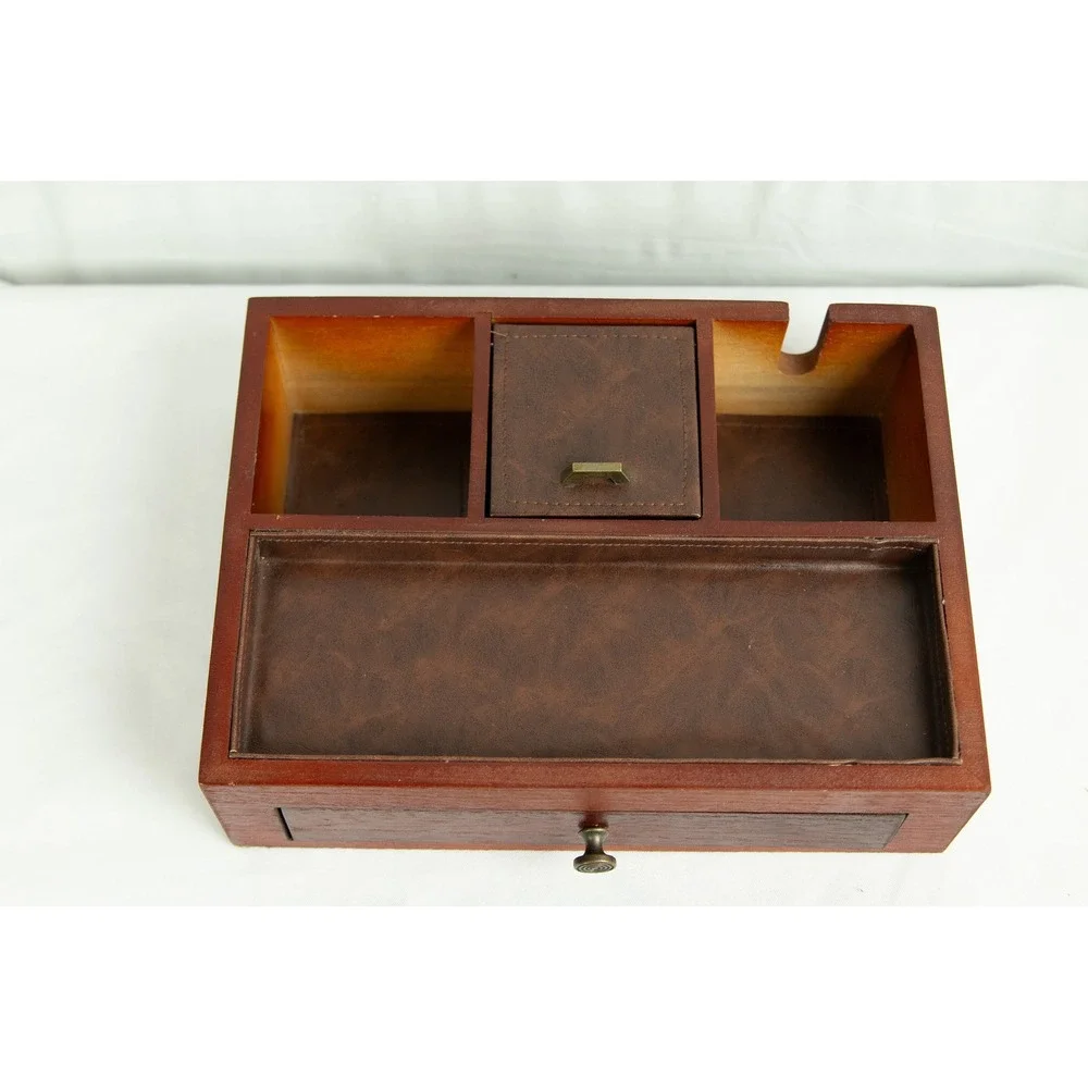 Vintage Wood Valet Box Jewelry Organizer Charging Station Brown Faux Leather